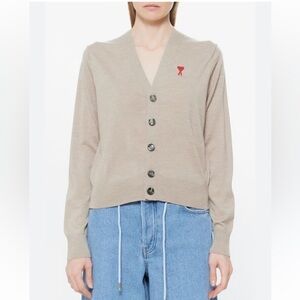 New Ami Paris Logo Tan Button-Up Cardigan